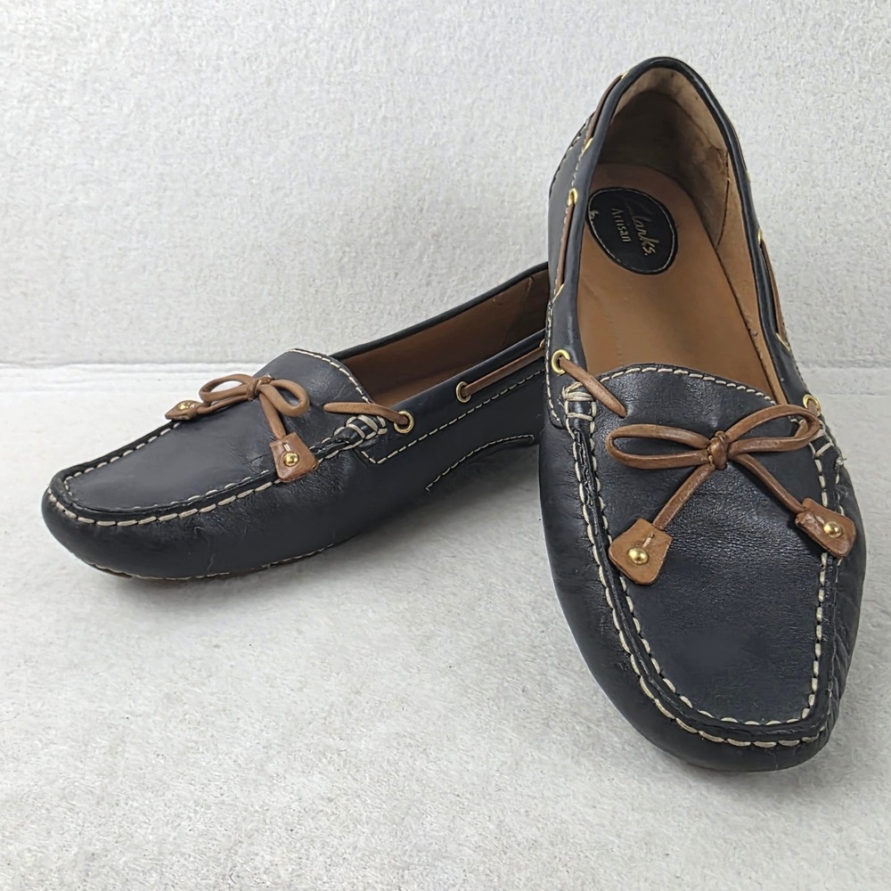 Clarks Artisan Womens 8M Navy Leather Driving Moc Loafers Boat Shoes Bow